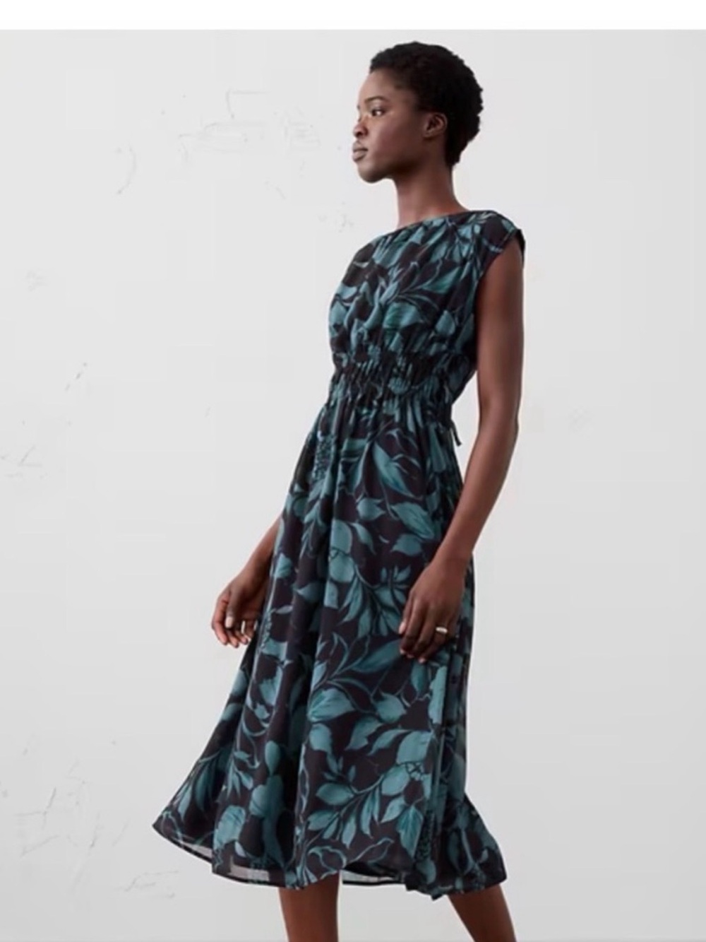 Banana Republic Navy Midi Dress with Teal Floral Print